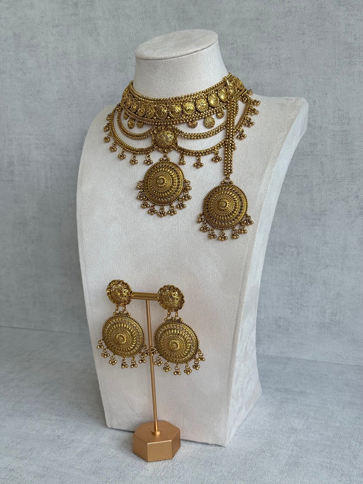 Ayura Designs Subha Choker Set with Earrings & Passa – Antique Gold Engraved Medallions, Layered Chains & Ghungroo Drops