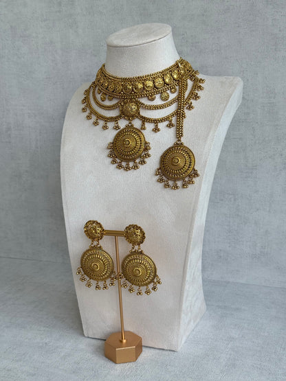 Ayura Designs Subha Choker Set with Earrings & Passa – Antique Gold Engraved Medallions, Layered Chains & Ghungroo Drops