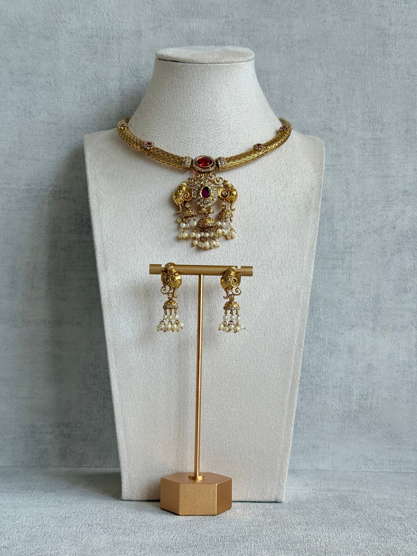 Ayura Designs Wadha Collar Necklace Set with Earrings – Gold Elephant Pendant & Ruby Red Stone Detailing
