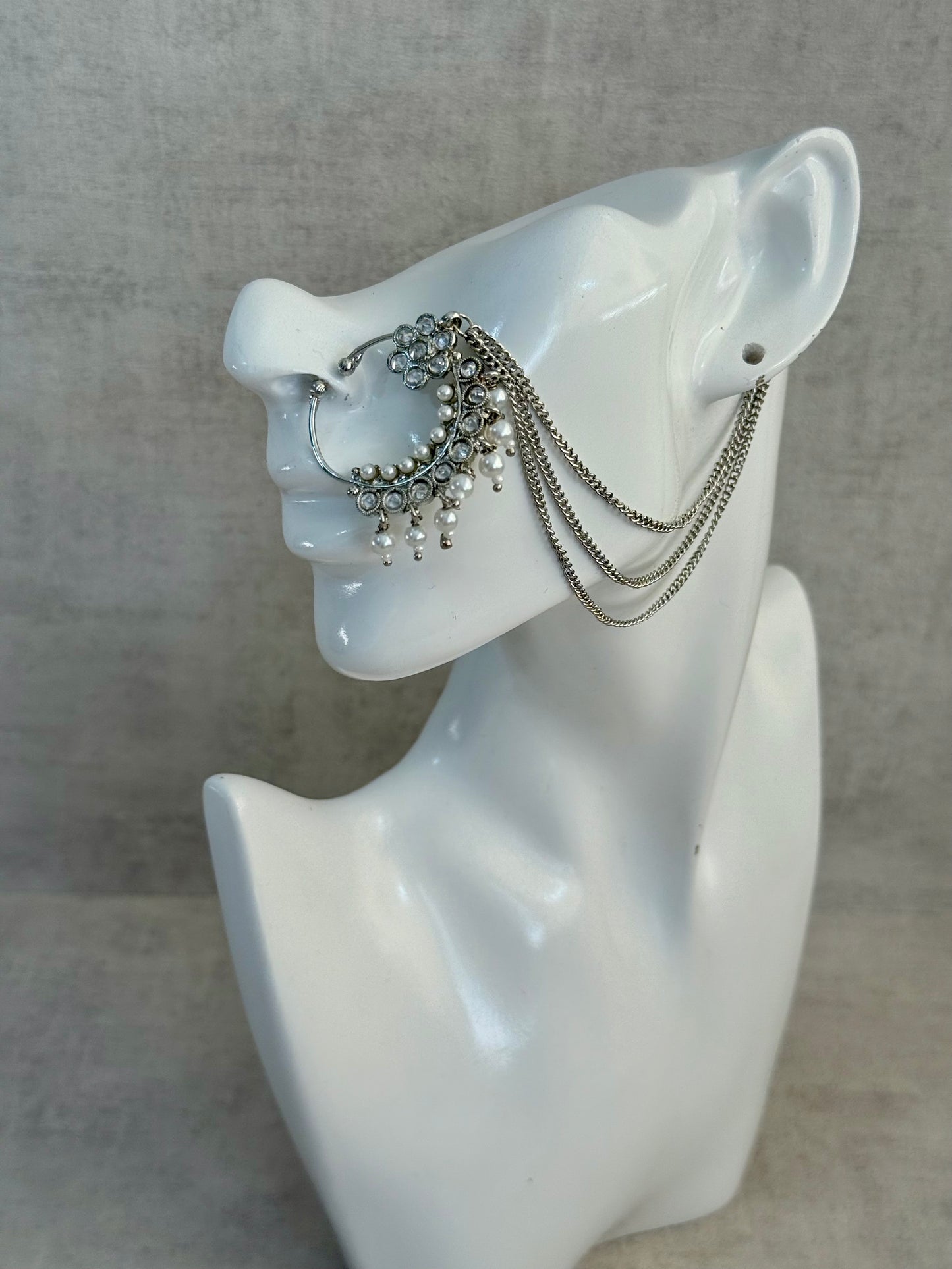 Ayura Designs Kasu Nath – Silver Nath with Pearl Drops, Crystal Detailing & Layered Chain Design