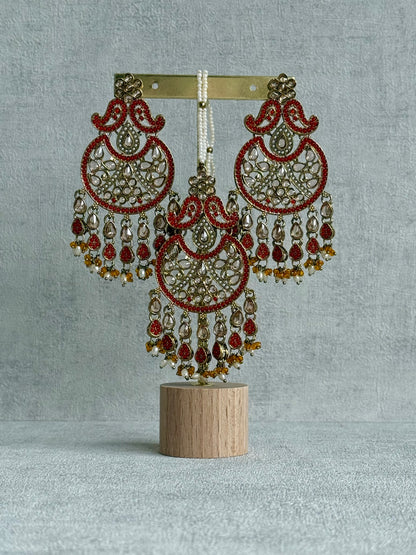 Ayura Designs Anvi Tikka Set with Earrings – Orange with Champagne Stones & Pearl Drops