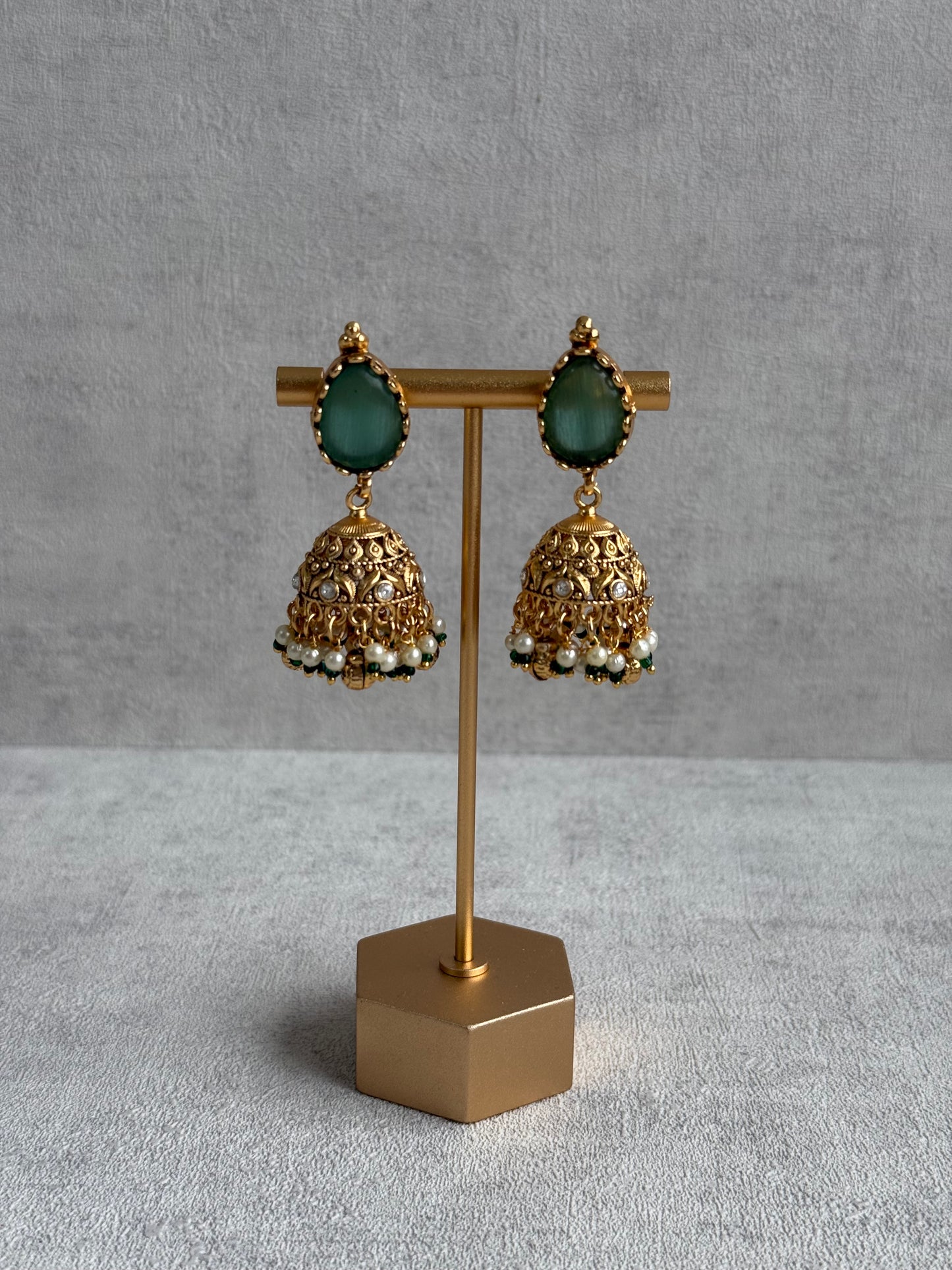 Ayura Designs Urvashi Set – Antique Gold Necklace & Jhumkis with Mint Green Stone, Ruby & Pearl Detailing