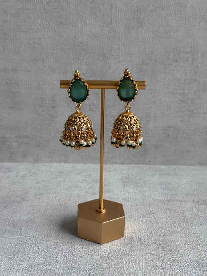 Ayura Designs Urvashi Set – Antique Gold Necklace & Jhumkis with Mint Green Stone, Ruby & Pearl Detailing