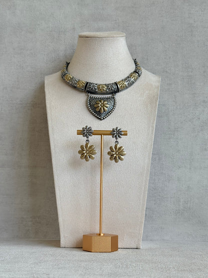 Ayura Designs Andaaz Set with Earrings – Dual Tone Oxidised Floral Necklace Set