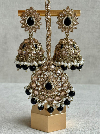 Ayura Designs Emaan Set with Jhumkis & Tikka – Black Beads, Mirror-Cut Stones & Antique Gold Finish