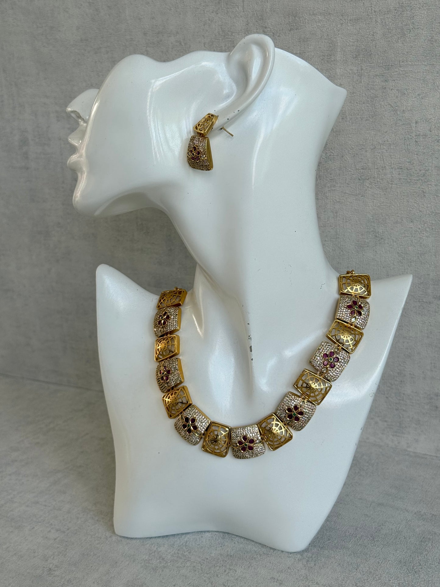 Ayura Designs Vibha Necklace & Stud Earrings Set – Gold Floral Statement Design with Ruby Pink & Crystal Detailing