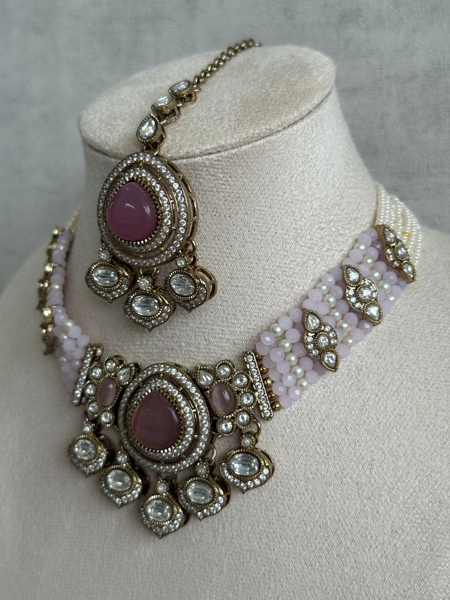 Ayura Designs Rahi Necklace Set with Earrings & Tikka – Blush Pink Stones with Mirror-Cut Detailing & Pearl Strands