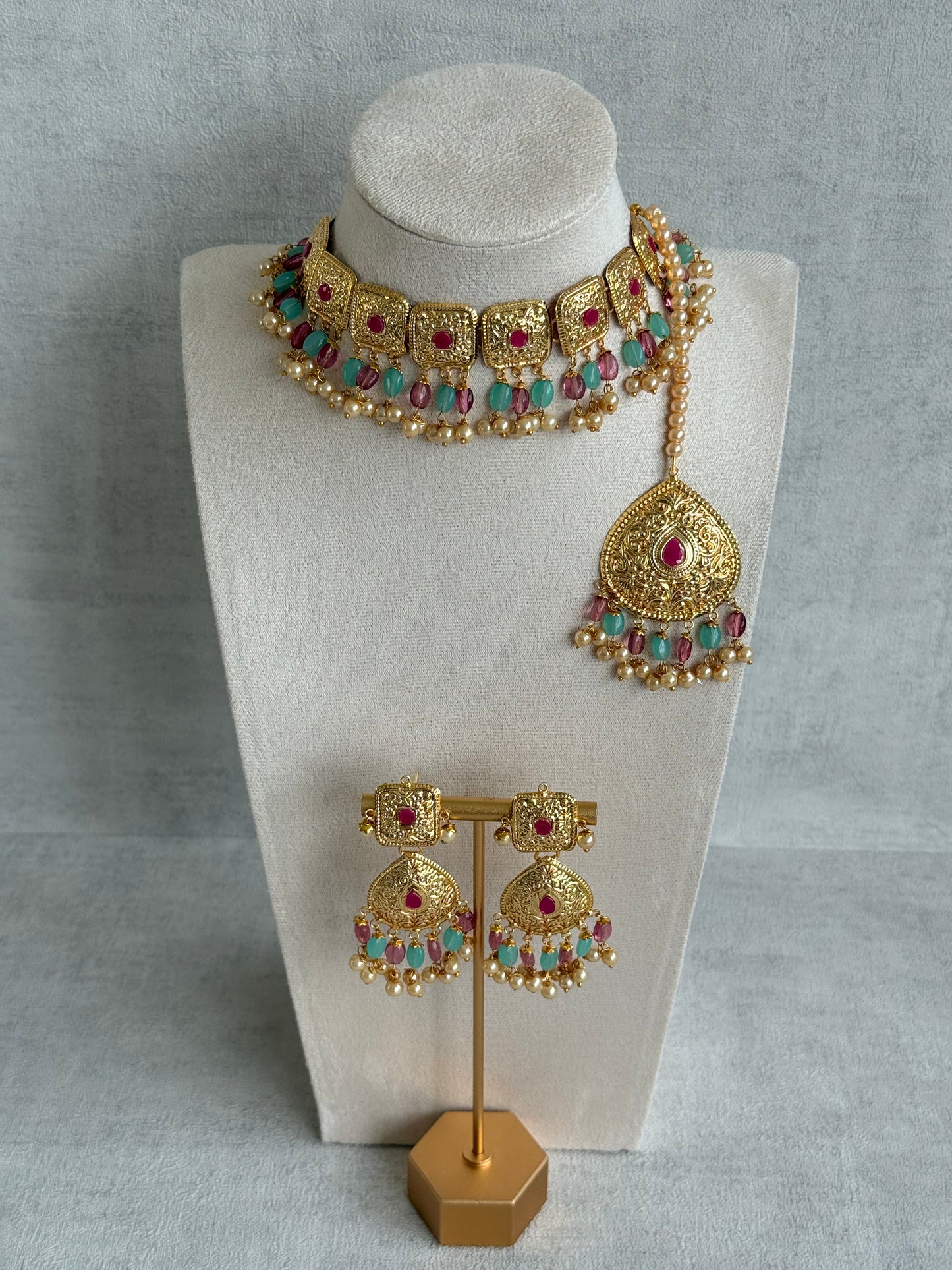 Ayura Designs Chetna Choker Set with Earrings & Tikka – Aqua & Rani Pink Beads, Cream Pearl Drops with Pipal Patti Detailing