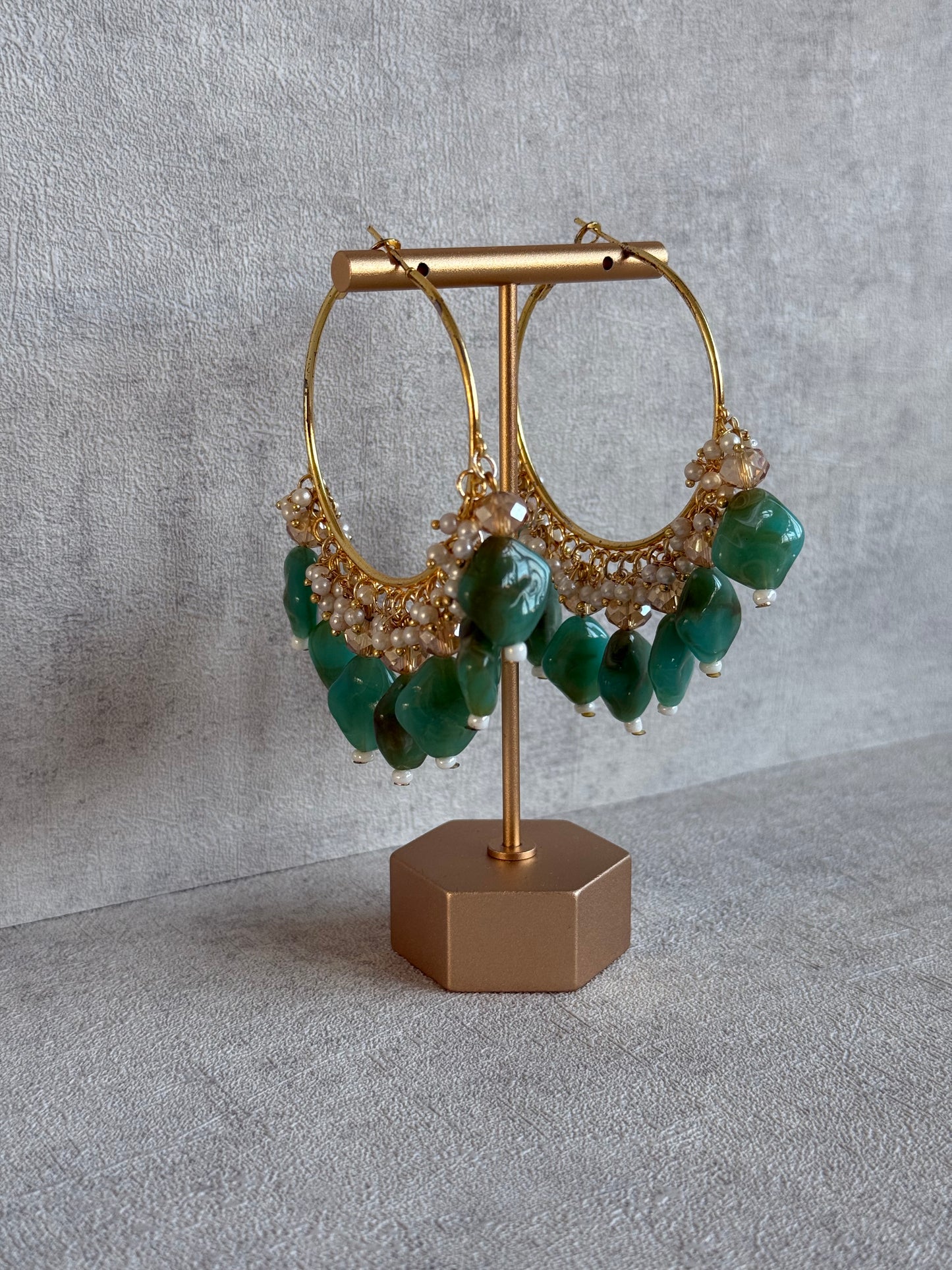 Ayura Designs Heer Balis – Gold Hoops with Jade Green Marble Beads, Pearls & Crystal Detailing
