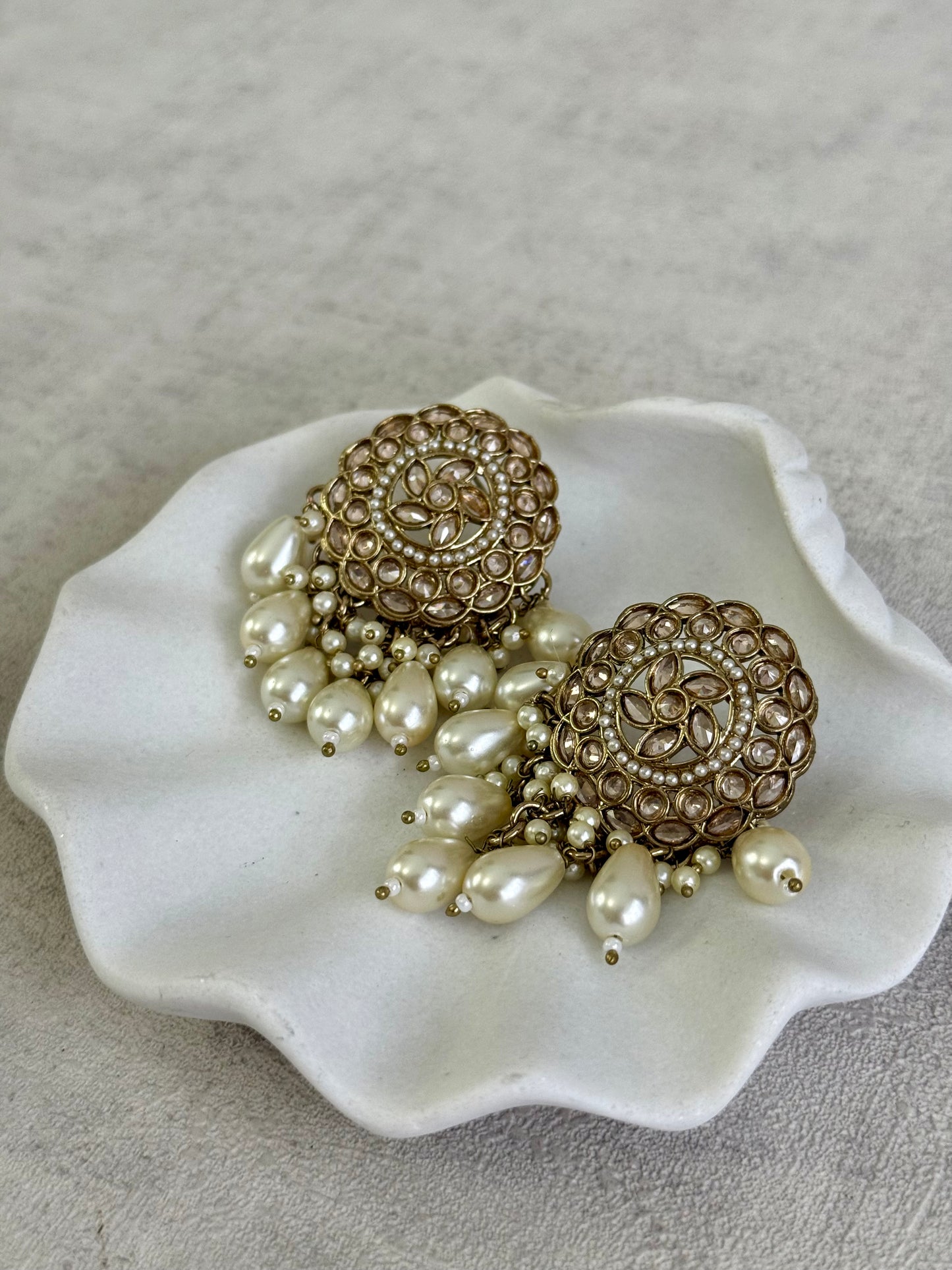 Ayura Designs Aynoor Petal Frame Earrings – Antique Gold Finish with Mirror-Cut Stones & Pearl Drops