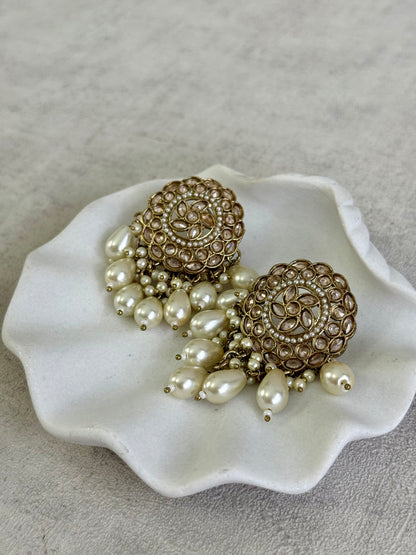 Ayura Designs Aynoor Petal Frame Earrings – Antique Gold Finish with Mirror-Cut Stones & Pearl Drops