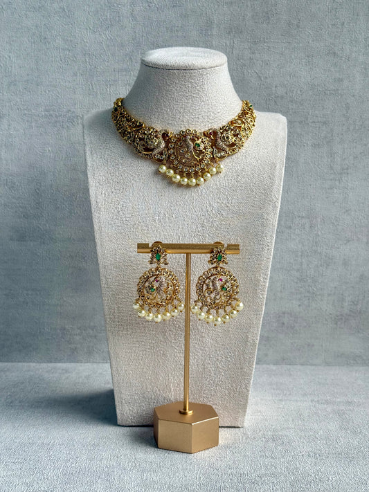 Ayura Designs Vedya Set – Antique Gold Peacock Necklace with Kundan, Emerald & Pearl Detailing
