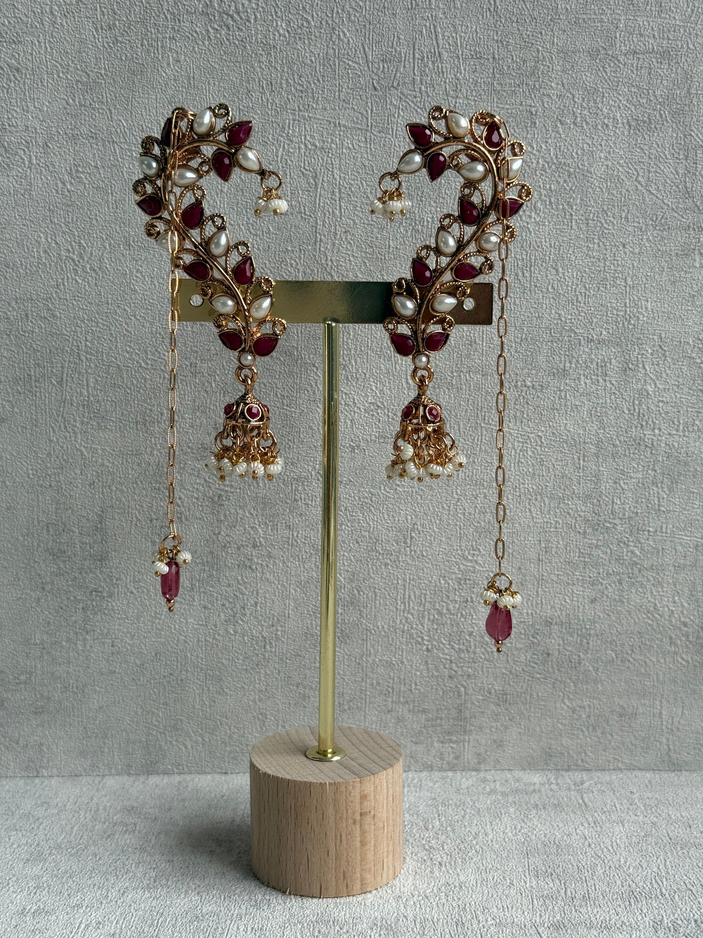 Ayura Designs Mastani Earrings – Gold Ear Climbers with Ruby Stones, Pearls & Jhumki Drops
