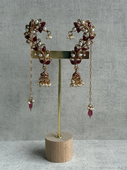 Ayura Designs Mastani Earrings – Gold Ear Climbers with Ruby Stones, Pearls & Jhumki Drops