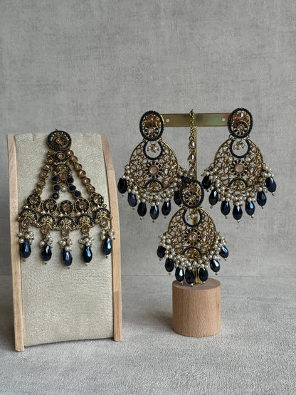 Ayura Designs Almas Tikka Set with Earrings, Tikka & Sahara – Midnight Blue Beads & Antique Gold Finish