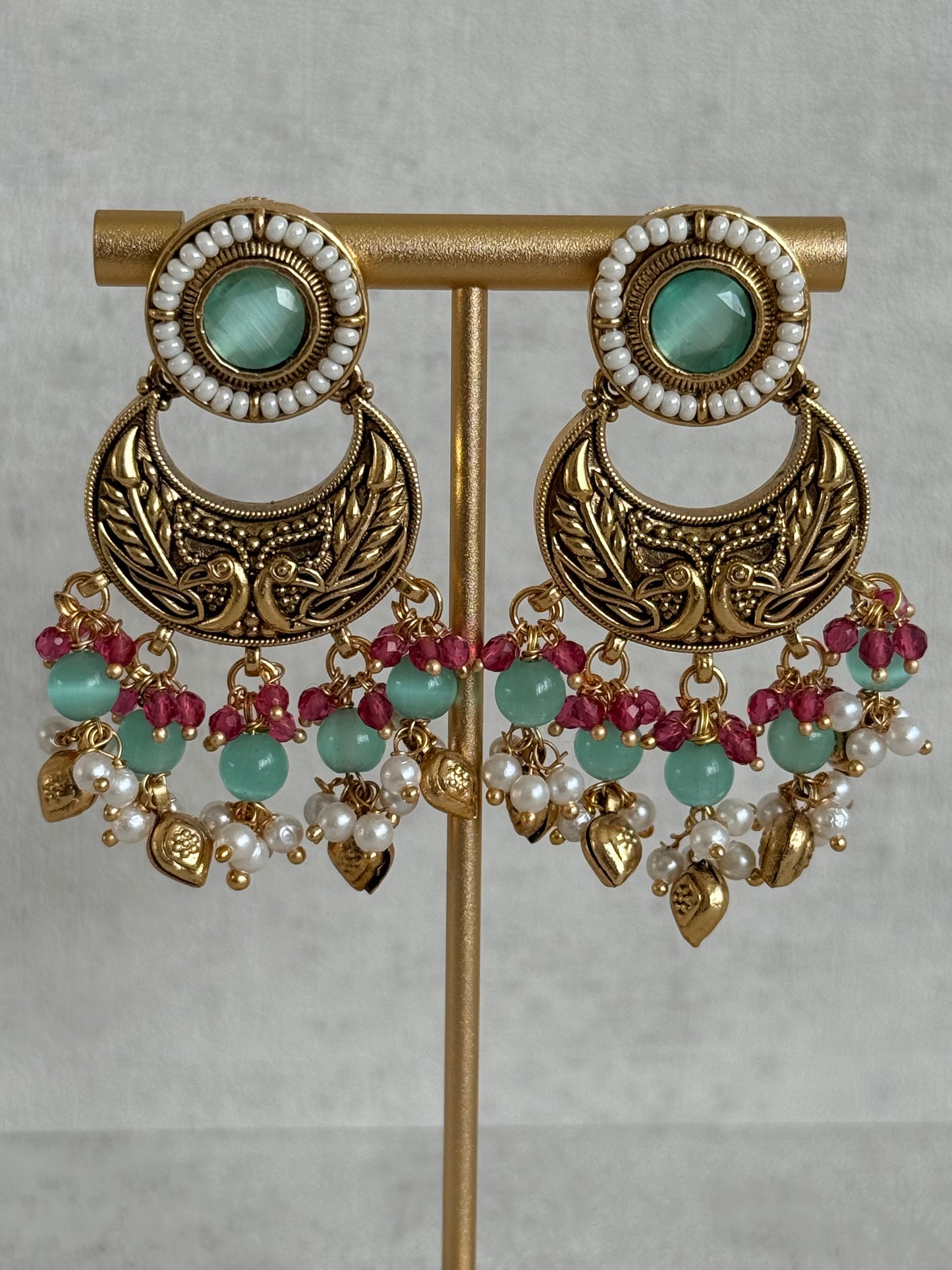 Ayura Designs Mehr Choker Set with Earrings & Tikka – Mint Green Stones, Ruby Pink Beads, Pearl Strands & Antique Gold Finish
