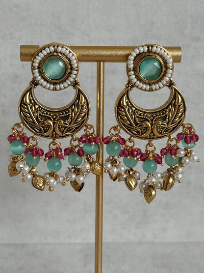 Ayura Designs Mehr Choker Set with Earrings & Tikka – Mint Green Stones, Ruby Pink Beads, Pearl Strands & Antique Gold Finish
