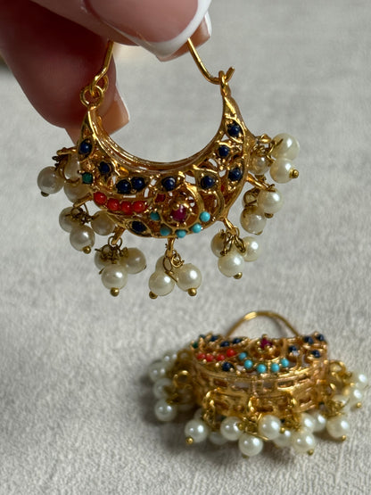 Ayura Designs Rasam Balis – Antique Gold Hoops with Multicolour Stones & Pearl Clusters