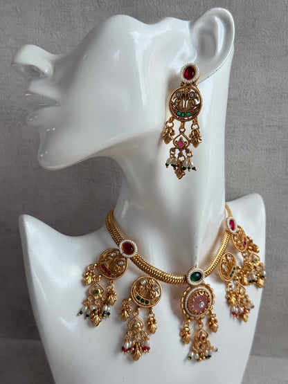 Ayura Designs Parchhai Necklace Set with Earrings – Rose Pink, Ruby Red & Emerald Green Stones, Bird Motifs & Pearl Detailing