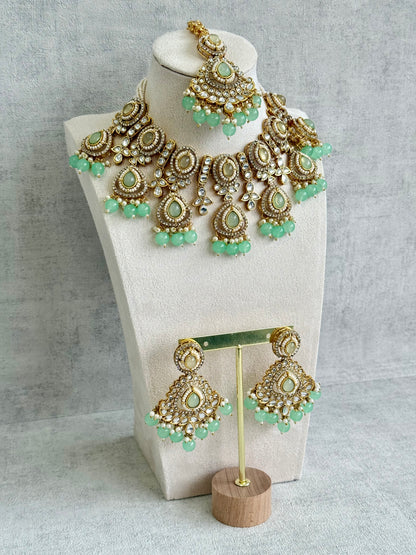 Ayura Designs Janvi Set with Necklace, Earrings & Tikka – Kundan Detailing, Mint Green Beads & Pearls Drops
