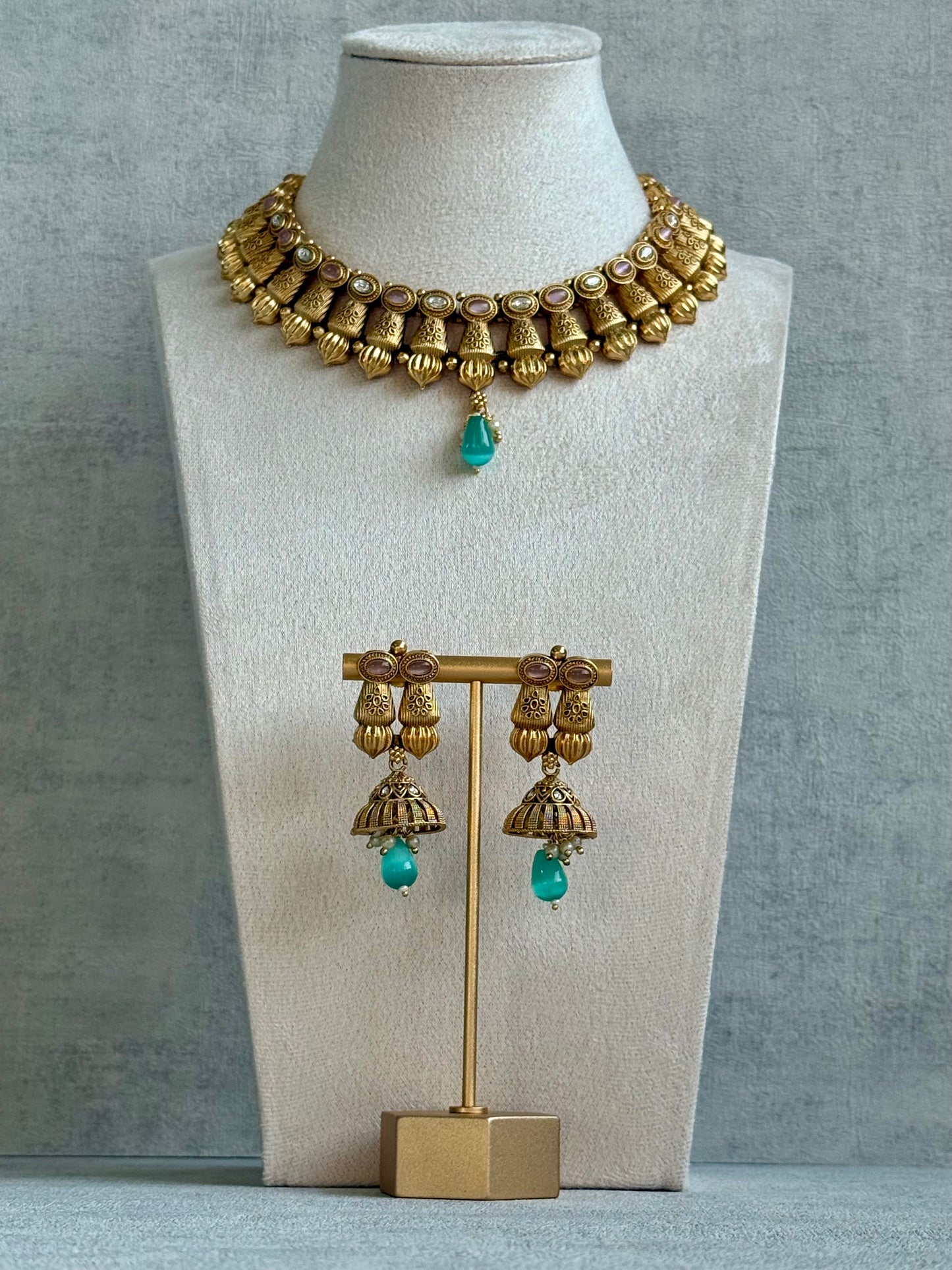 Ayura Designs Aima Necklace Set with Earrings – Antique Gold with Blush Pink & Aqua Green Stones