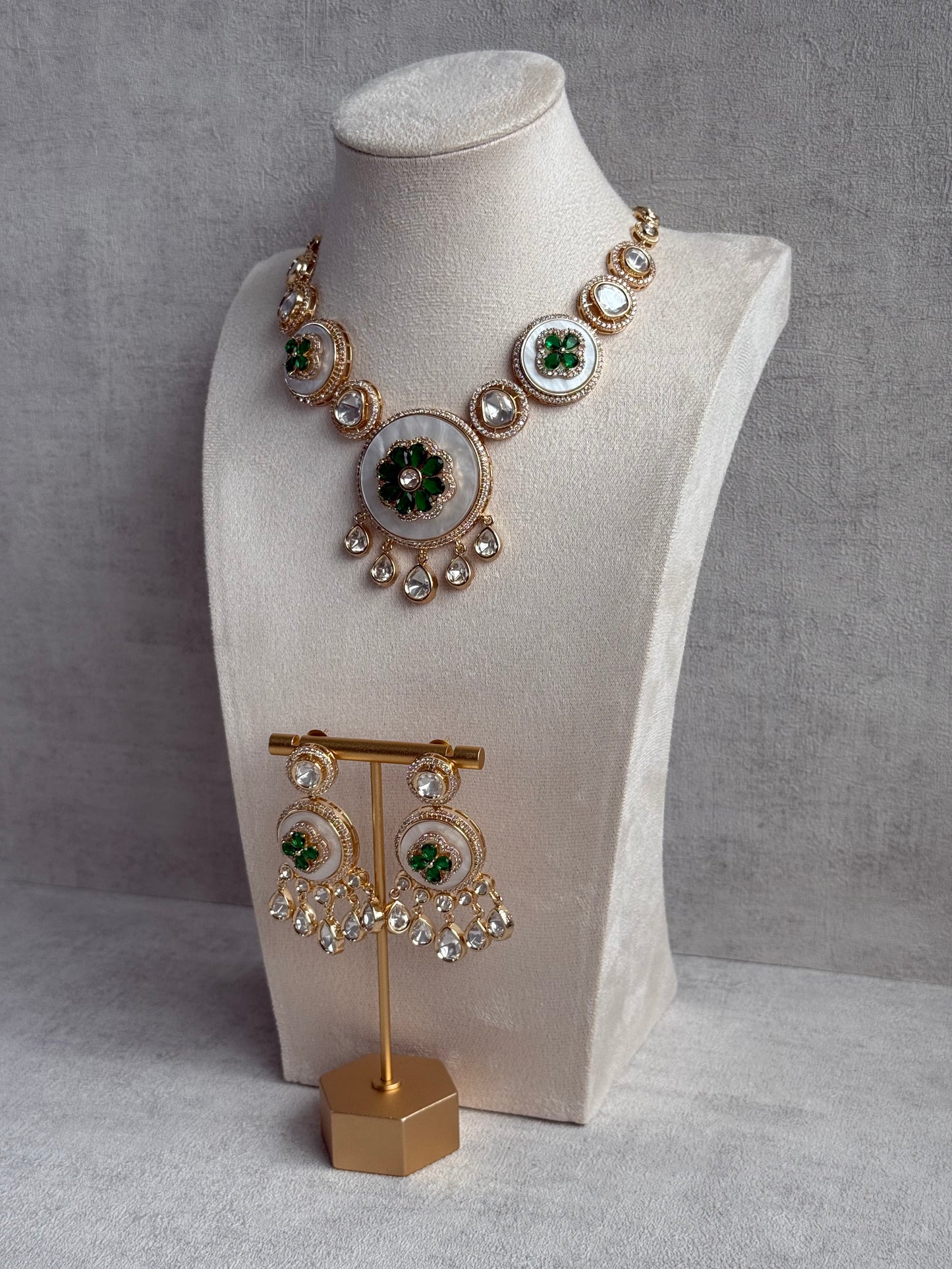 Ayura Designs Wisah Set with Necklace & Earrings – Emerald Green Floral Motifs with Mother of Pearl, Mirror-Cut Stones & Crystal Detailing