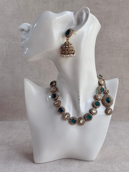 Ayura Designs Eira Necklace Set with Earrings & Tikka – Teal & Crystal Stones with Antique Gold Finish