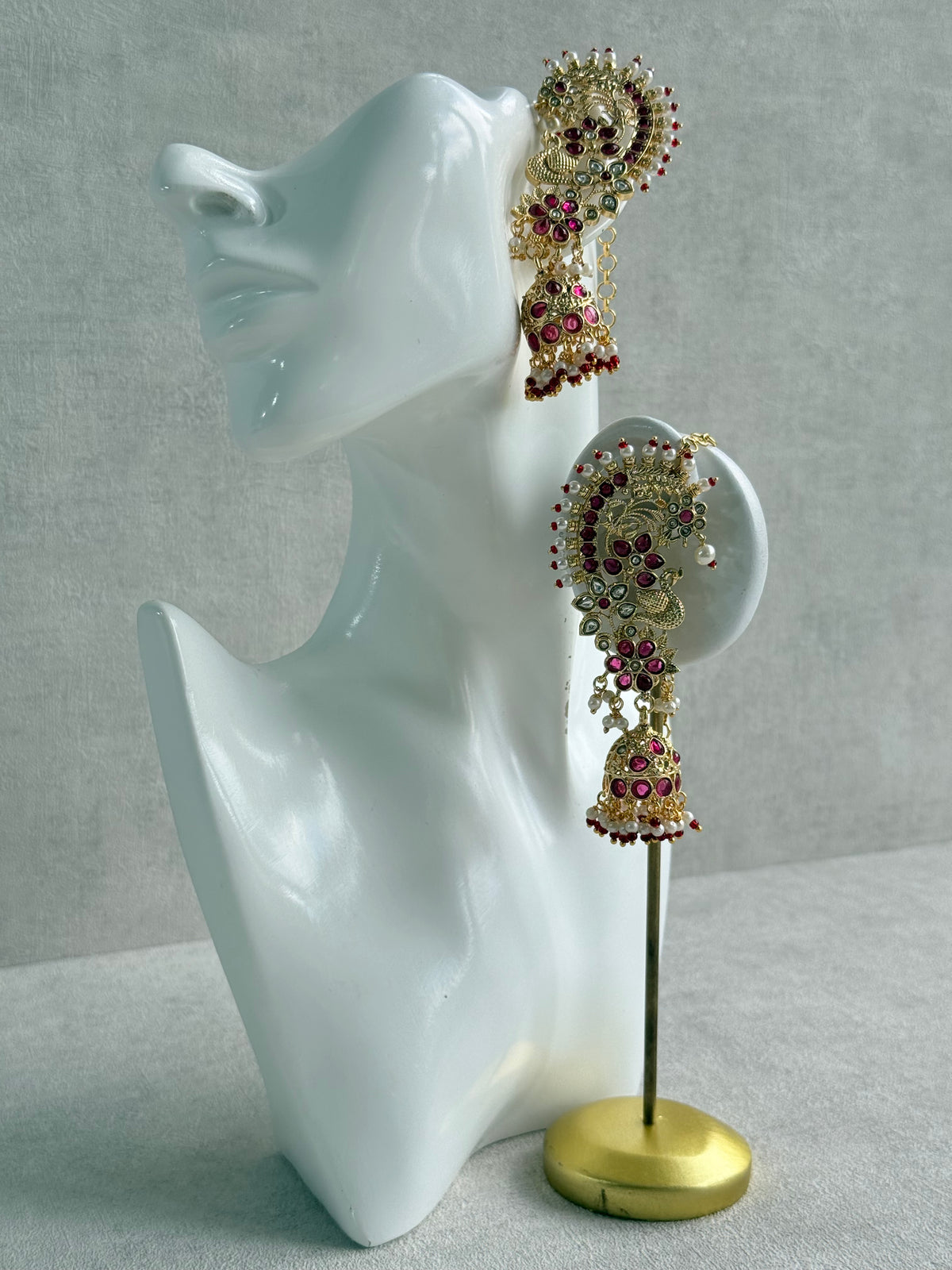 Ayura Designs Nitya Kaanphool Jhumkis – Gold Peacock Motifs, Pink Kundan & Pearl Drops with Attached Sahare