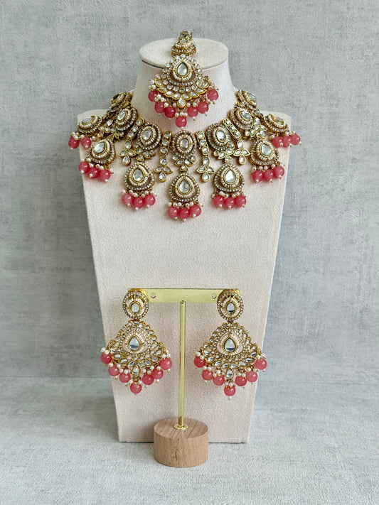 Ayura Designs Janvi Set with Necklace, Earrings & Tikka – Kundan Detailing, Peach Beads & Pearls Drops