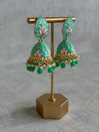 Ayura Designs Gia Jhumkis – Mint Green Meenakari with Pink Lotus Motifs & Ivory Pearl Drops