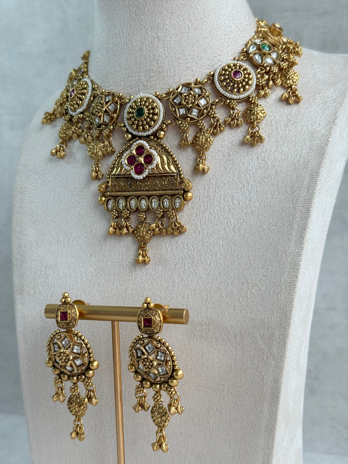 Ayura Designs Kriti Necklace Set with Earrings – Antique Gold Multicolour Kundan Design with Pearls & Ghungroo Detailing
