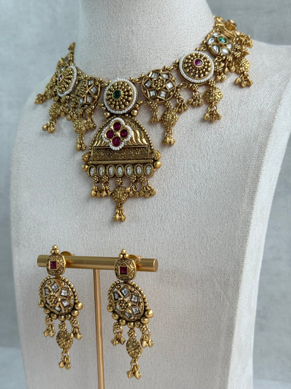 Ayura Designs Kriti Necklace Set with Earrings – Antique Gold Multicolour Kundan Design with Pearls & Ghungroo Detailing