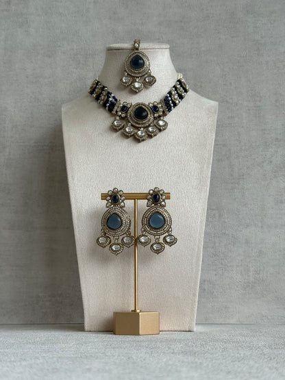 Ayura Designs Rahi Necklace Set with Earrings & Tikka – Ink Blue Stones with Mirror-Cut Detailing & Pearl Strands