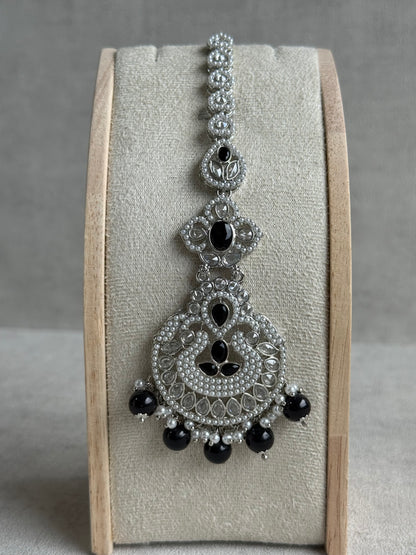 Ayura Designs Zarlish Set – Choker, Earrings & Tikka with Mirror-Cut Stones, Black & White Beads & Silver Finish
