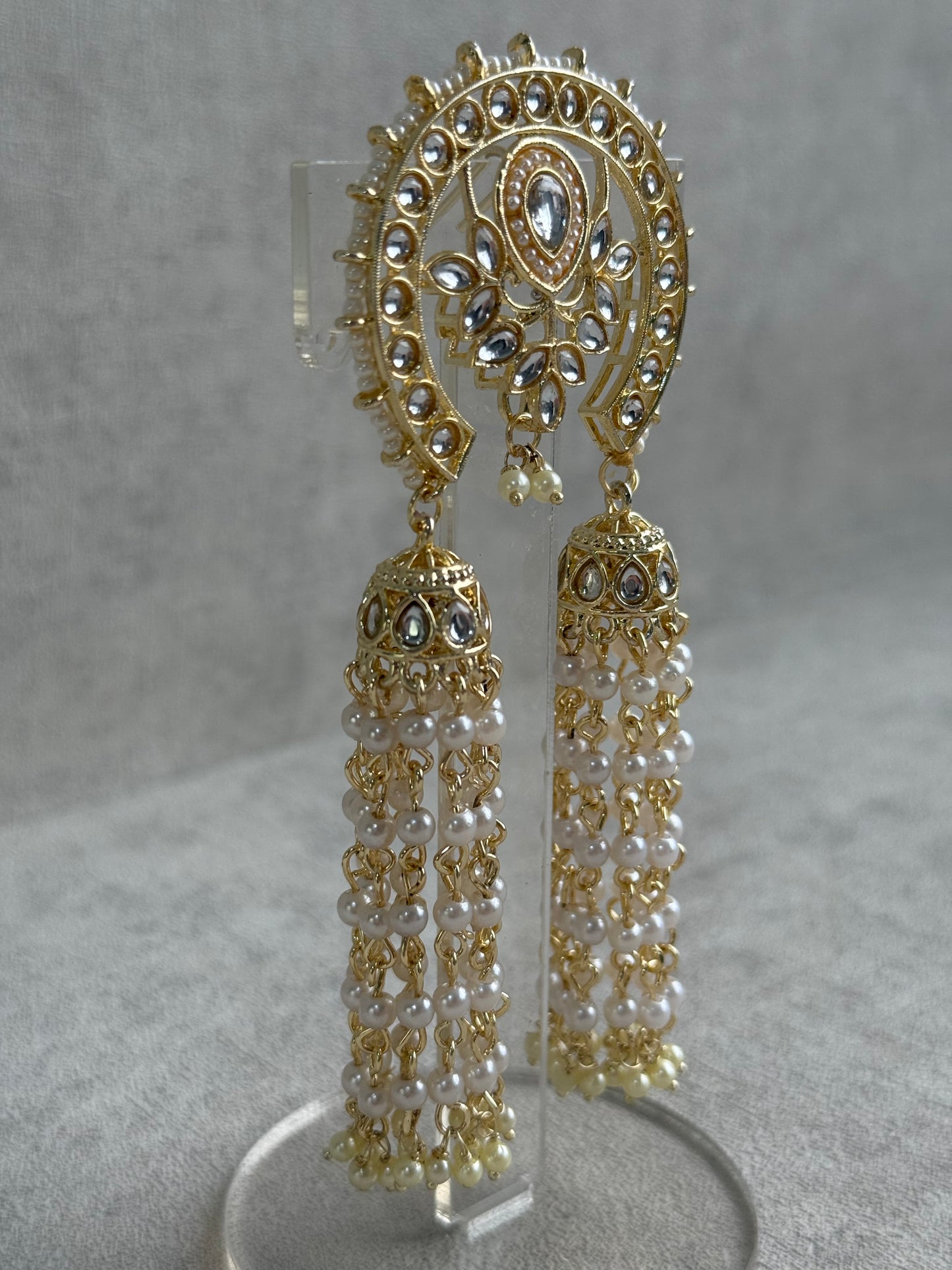 Ayura Designs Kamya Hair Brooch – Polki Crescent with Pearl Tassels in Gold Finish