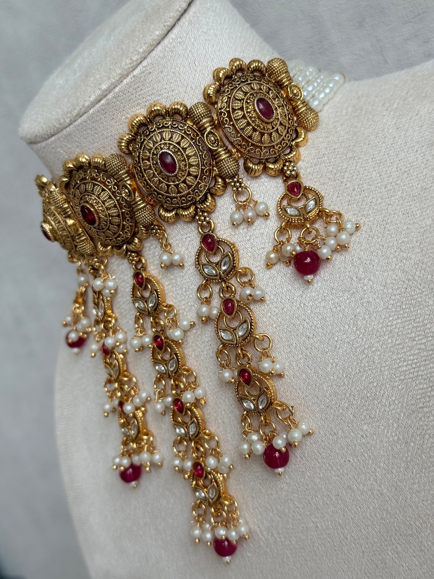 Ayura Designs Kabini Choker Set with Earrings – Gold Kundan Waterfall Choker with Ruby Pink Beads & Pearls
