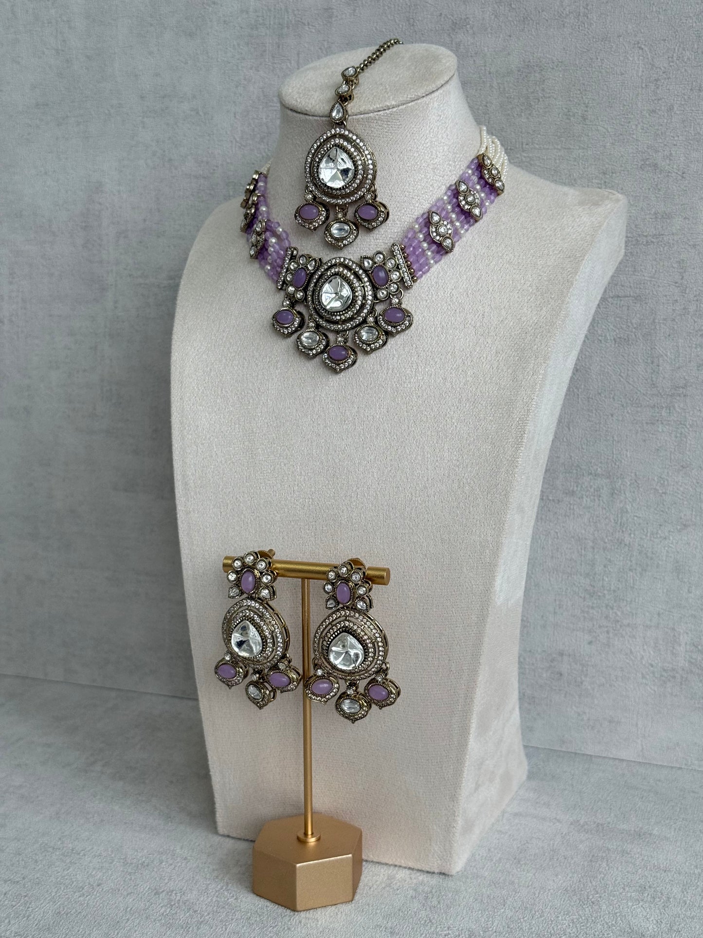 Ayura Designs Rahi Necklace Set with Earrings & Tikka – Lilac Stones with Mirror-Cut Detailing & Pearl Strands