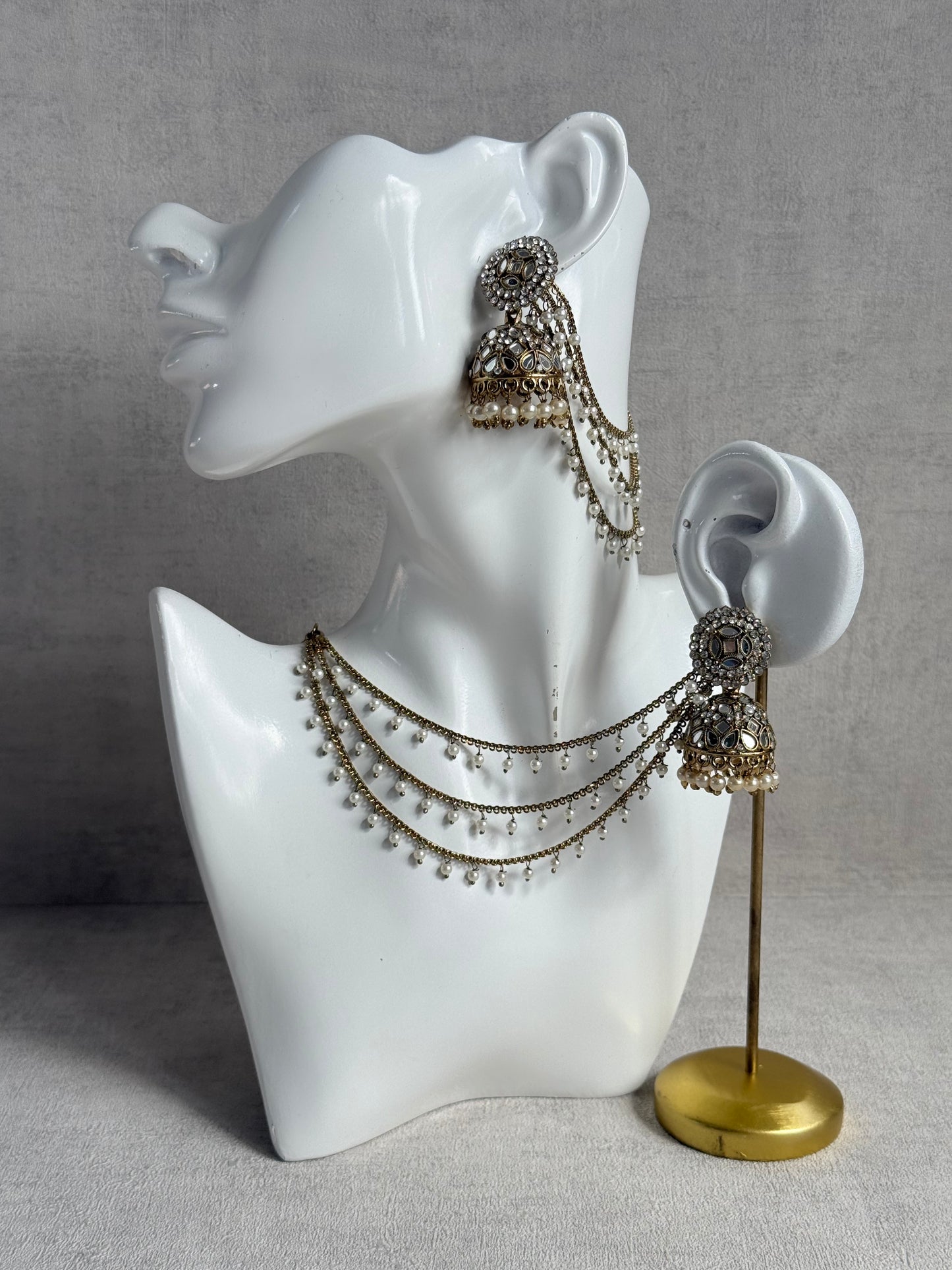 Ayura Designs Aaina Jhumkis – Antique Gold Mirror & Crystal Earrings with Detachable Triple-Layer Pearl Sahare