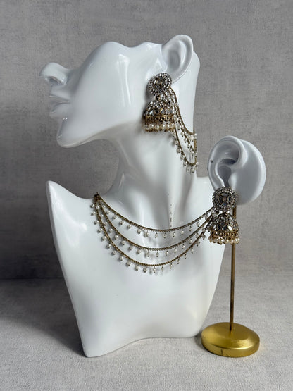Ayura Designs Aaina Jhumkis – Antique Gold Mirror & Crystal Earrings with Detachable Triple-Layer Pearl Sahare