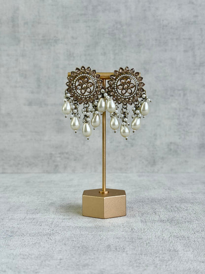 Ayura Designs Aynoor Lotus Ring Earrings – Antique Gold Finish with Mirror-Cut Stones & Pearl Drops