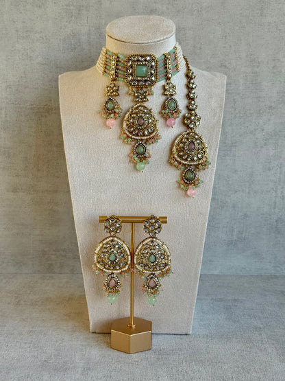 Ayura Designs Zarmeen Choker Set with Earrings & Tikka – Mirror-Cut Stones, Antique Gold Finish and Blush-Mint Beads