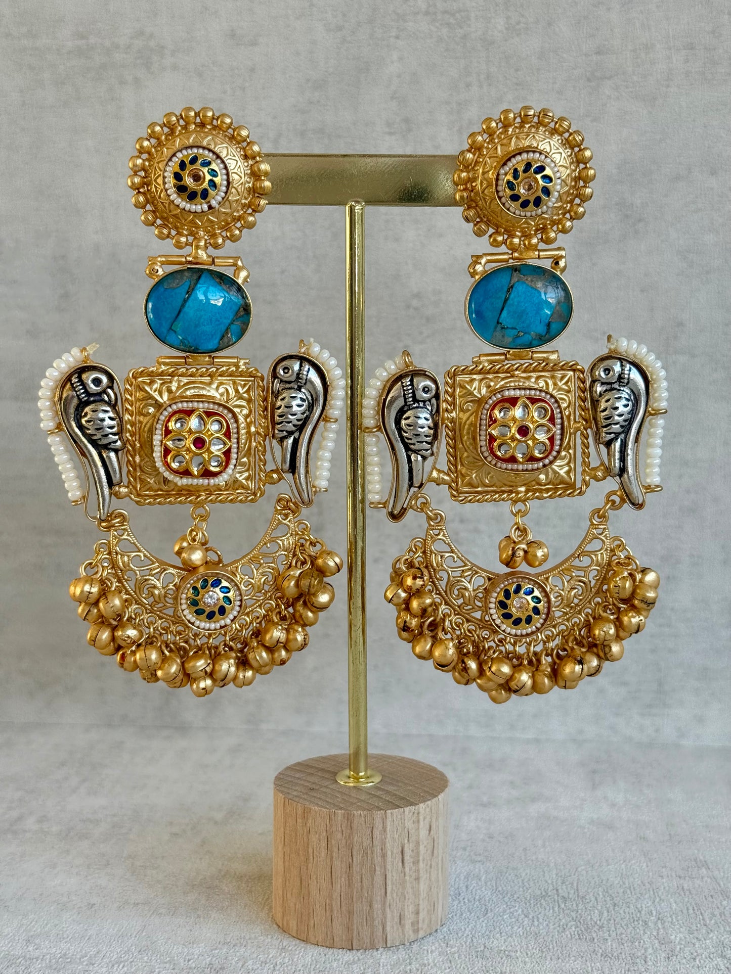 Ayura Designs Soha Earrings – Antique Gold with Turquoise Stone & Oxidised Parrots
