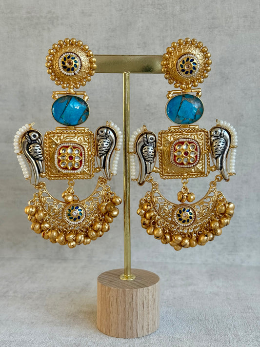 Ayura Designs Soha Earrings – Antique Gold with Turquoise Stone & Oxidised Parrots