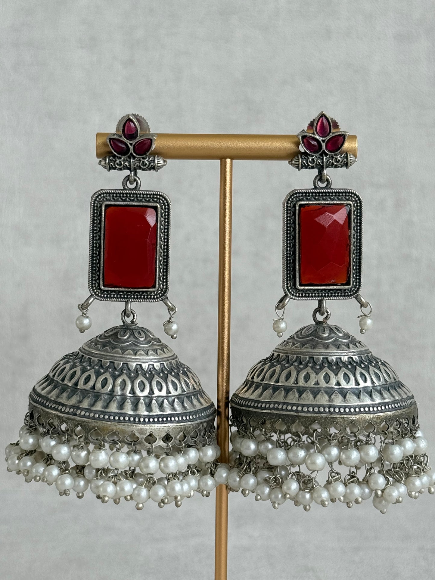 Ayura Designs Zeba Earrings – Oxidised Statement Jhumkis in Ruby Red & Pink Stones with Pearl Detailing