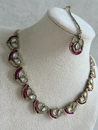 Ayura Designs Katalina Necklace Set with Earrings & Tikka – Rani Pink Stones, Crystals & Antique Gold Finish