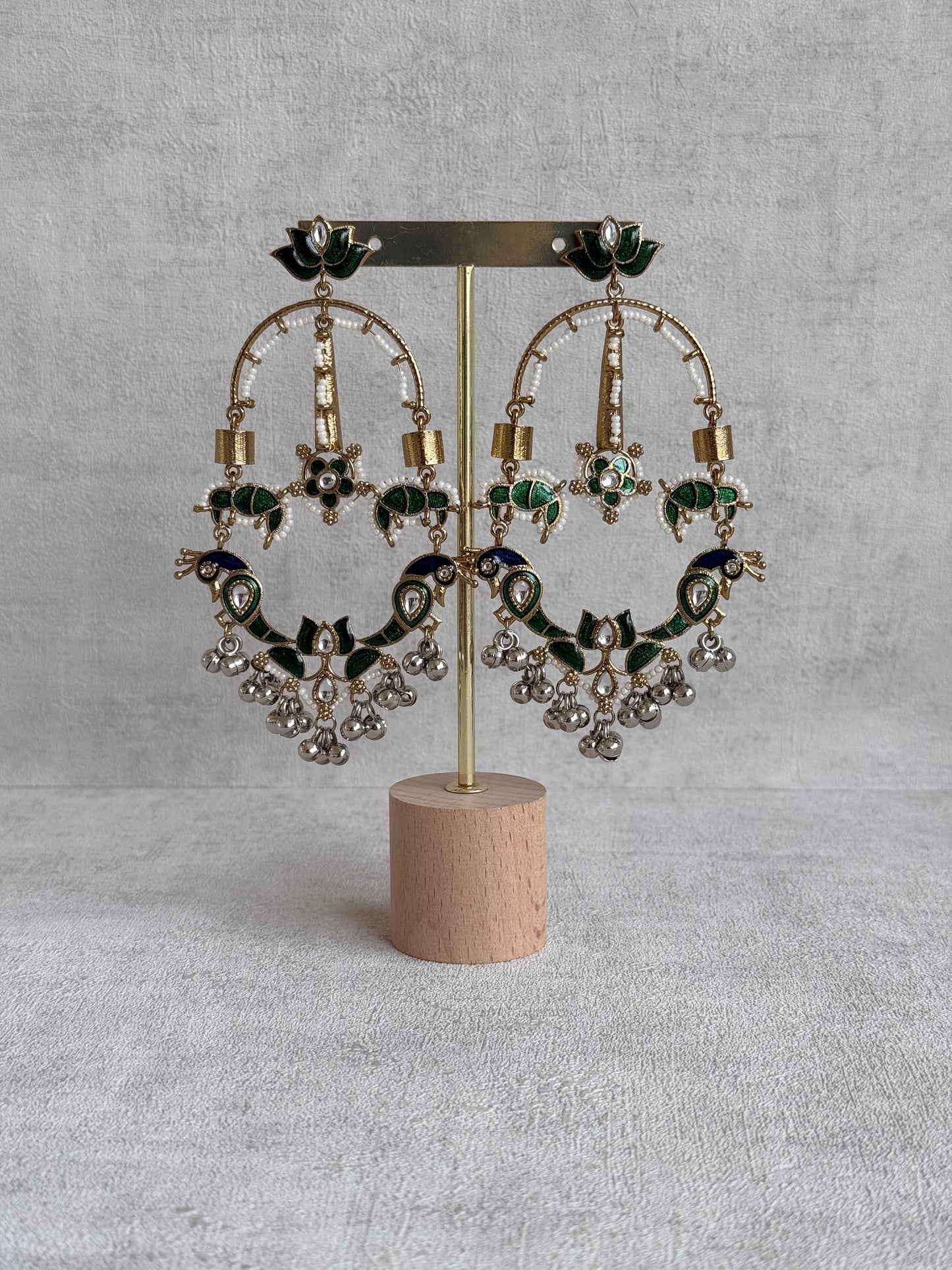 Ayura Designs Zoonpari Earrings – Emerald Green & Blue Meenakari Peacock Chandeliers in Dual Tone with Ghungroos