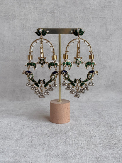 Ayura Designs Zoonpari Earrings – Emerald Green & Blue Meenakari Peacock Chandeliers in Dual Tone with Ghungroos