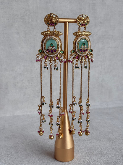 Ayura Designs Kaveri Earrings – Gold Long Chain Drop Earrings with Kundan, Pearls & Ghungroo Detailing – Mint Green
