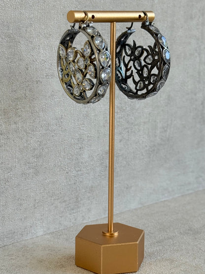 Ayura Designs Nureh Earrings – Dual Tone Floral Hoop Earrings with Crystal Stones & Cutwork Detailing