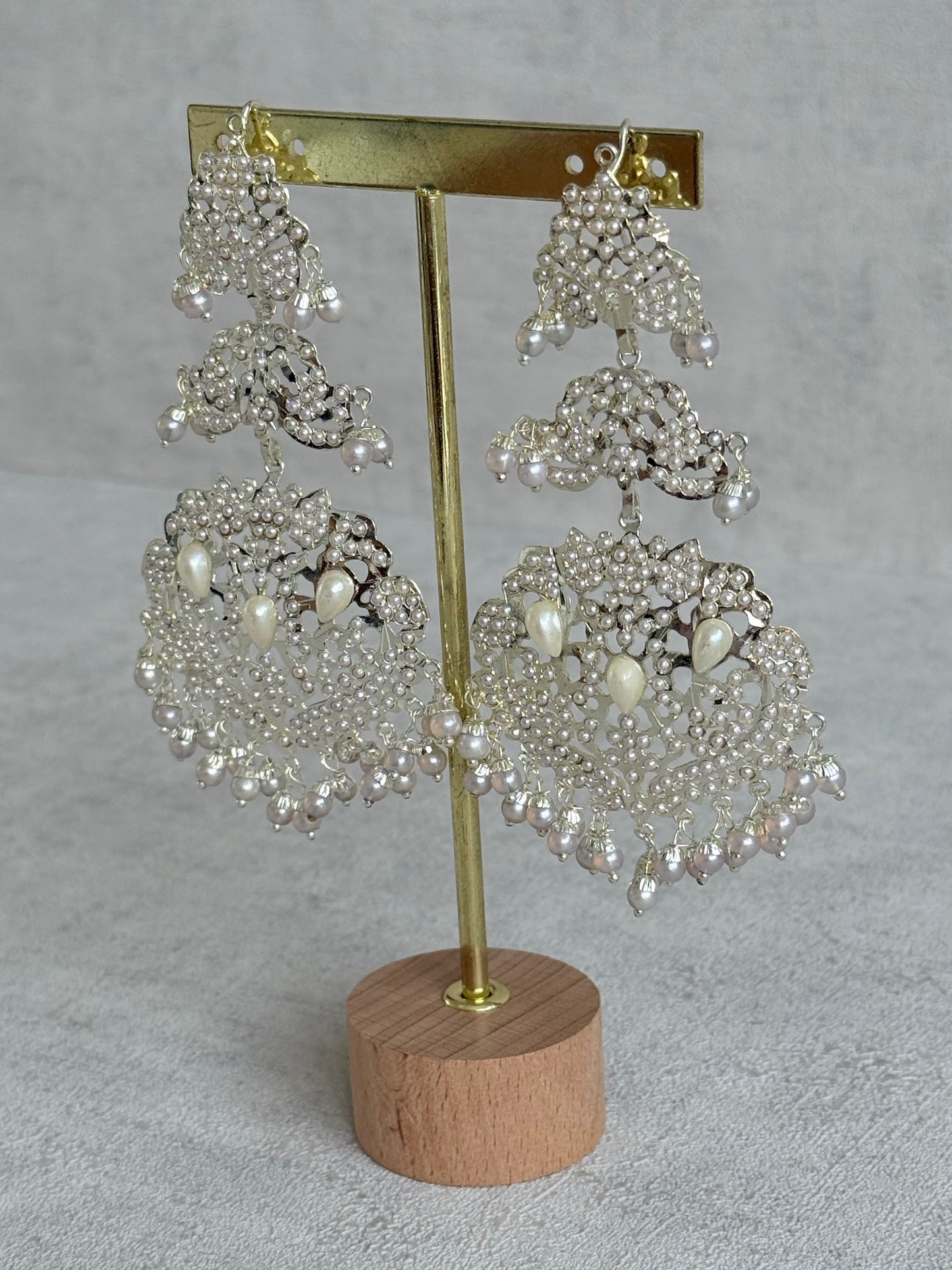 Ayura Designs Zarrar Earrings – Silver Jadau Filigree Statement Earrings with Pearl Drops